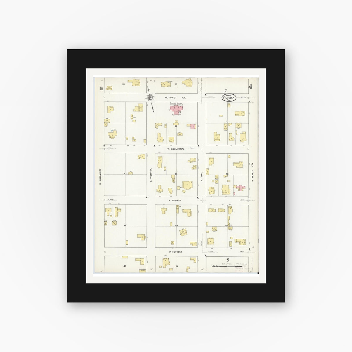 Old map wall art mockup — black gallery frame with white mat — Sanborn Fire Insurance Map from Victoria, Victoria County, Texas (1912), Sheet #0004
