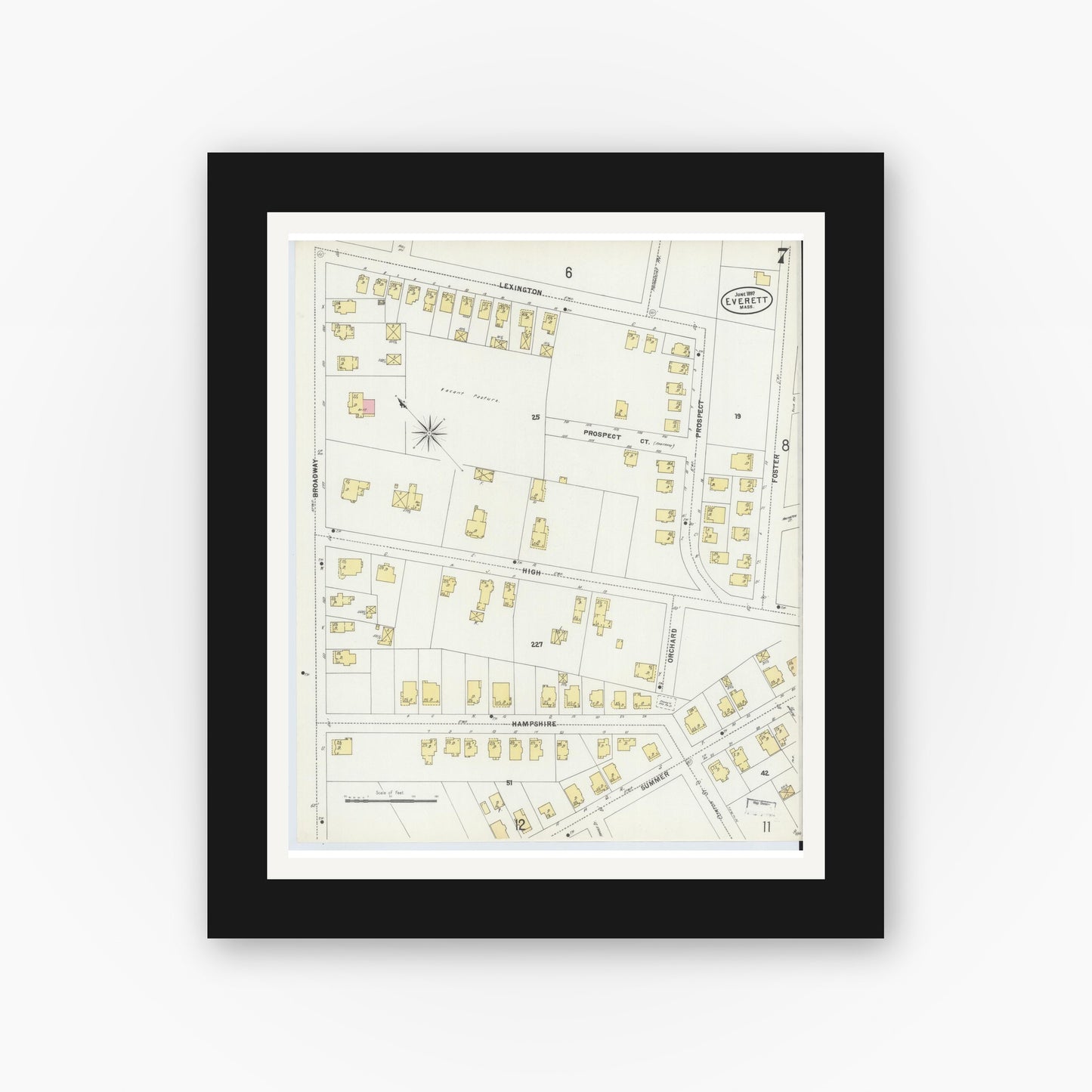 Old map wall art mockup — black gallery frame with white mat — Sanborn Fire Insurance Map from Everett, Middlesex County, Massachusetts (1897), Sheet #0007