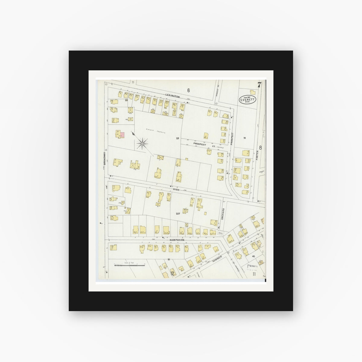 Old map wall art mockup — black gallery frame with white mat — Sanborn Fire Insurance Map from Everett, Middlesex County, Massachusetts (1897), Sheet #0007