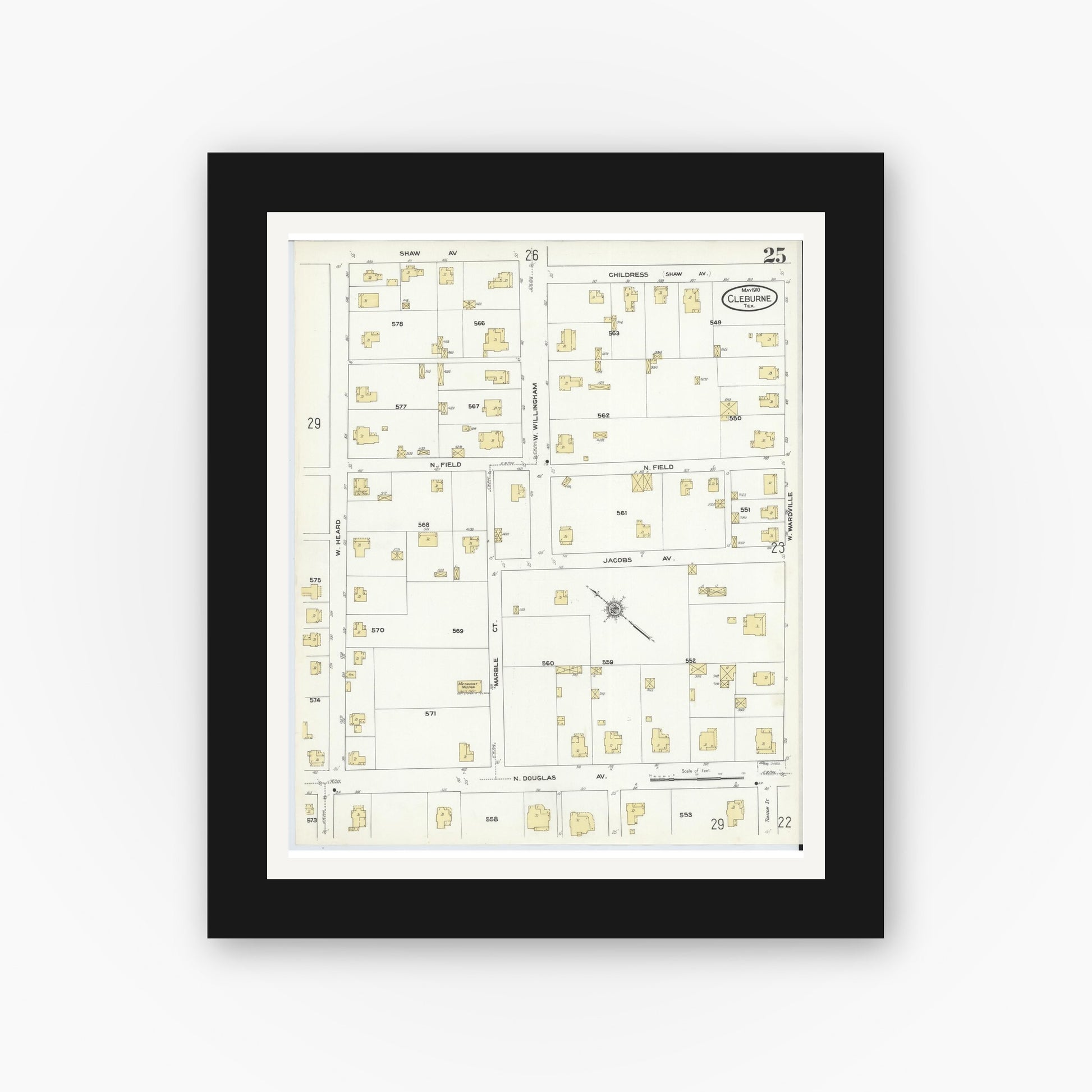 Old map wall art mockup — black gallery frame with white mat — Sanborn Fire Insurance Map from Cleburne, Johnson County, Texas (1910), Sheet #0025