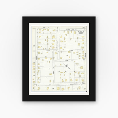 Old map wall art mockup — black gallery frame with white mat — Sanborn Fire Insurance Map from Cleburne, Johnson County, Texas (1910), Sheet #0025