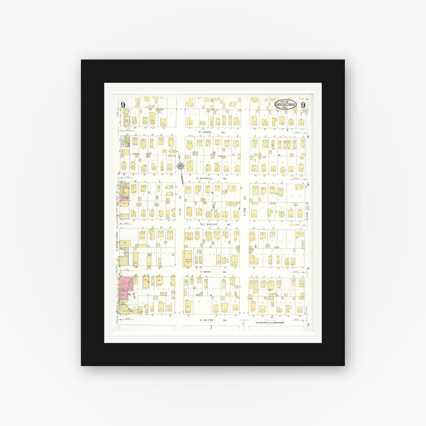 Old map wall art mockup — black gallery frame with white mat — Sanborn Fire Insurance Map from Goose Creek, Harris County, Texas (1931), Sheet #0009