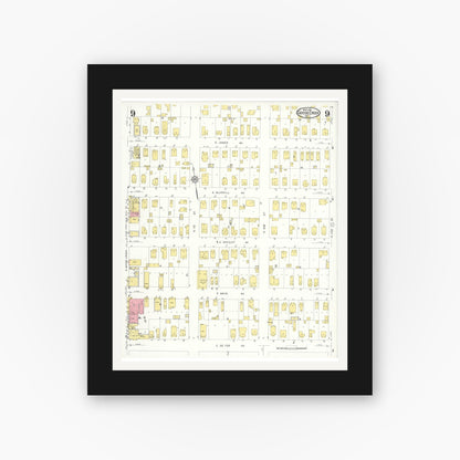 Old map wall art mockup — black gallery frame with white mat — Sanborn Fire Insurance Map from Goose Creek, Harris County, Texas (1931), Sheet #0009