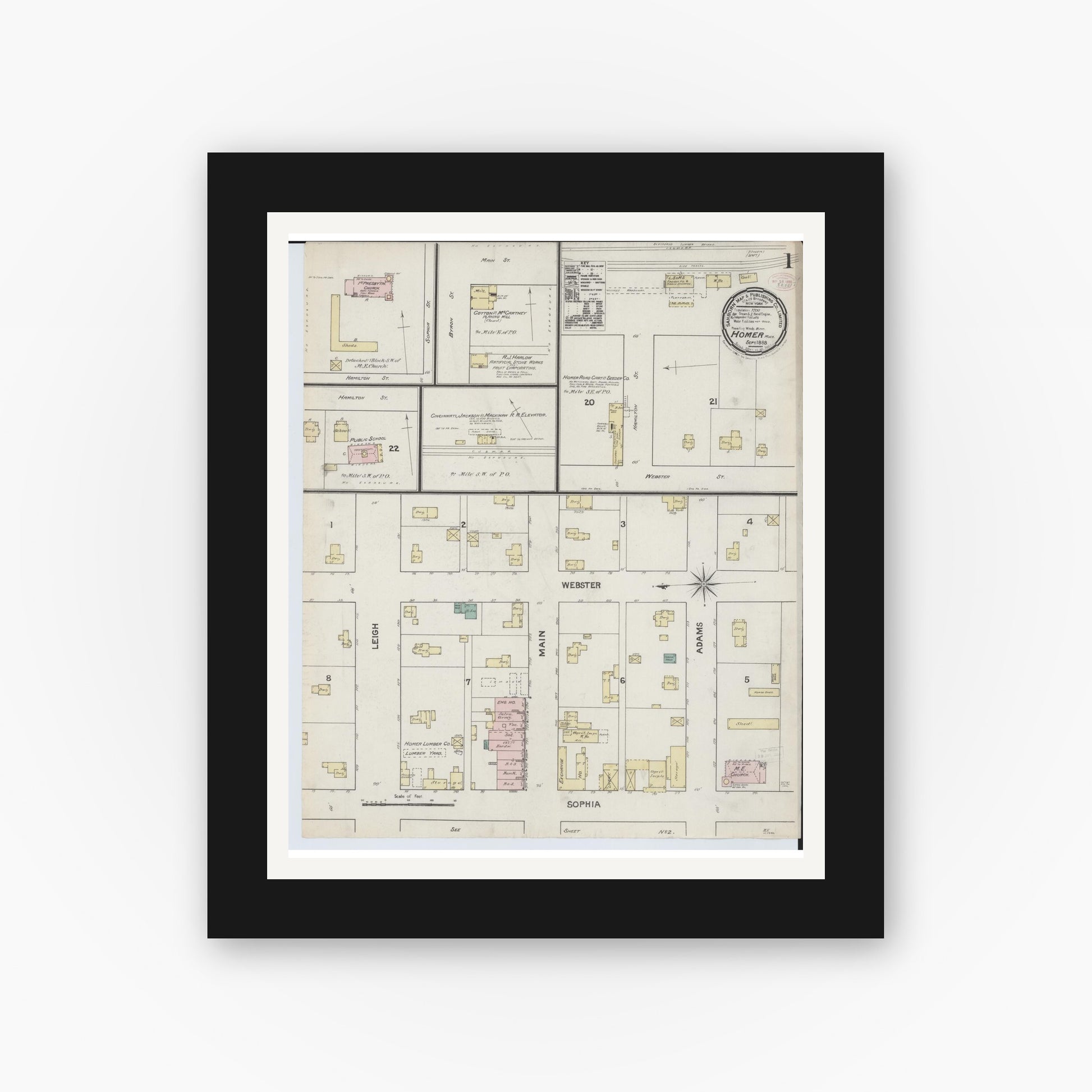 Old map wall art mockup — black gallery frame with white mat — Sanborn Fire Insurance Map from Homer, Calhoun County, Michigan (1888) - Complete Map Set