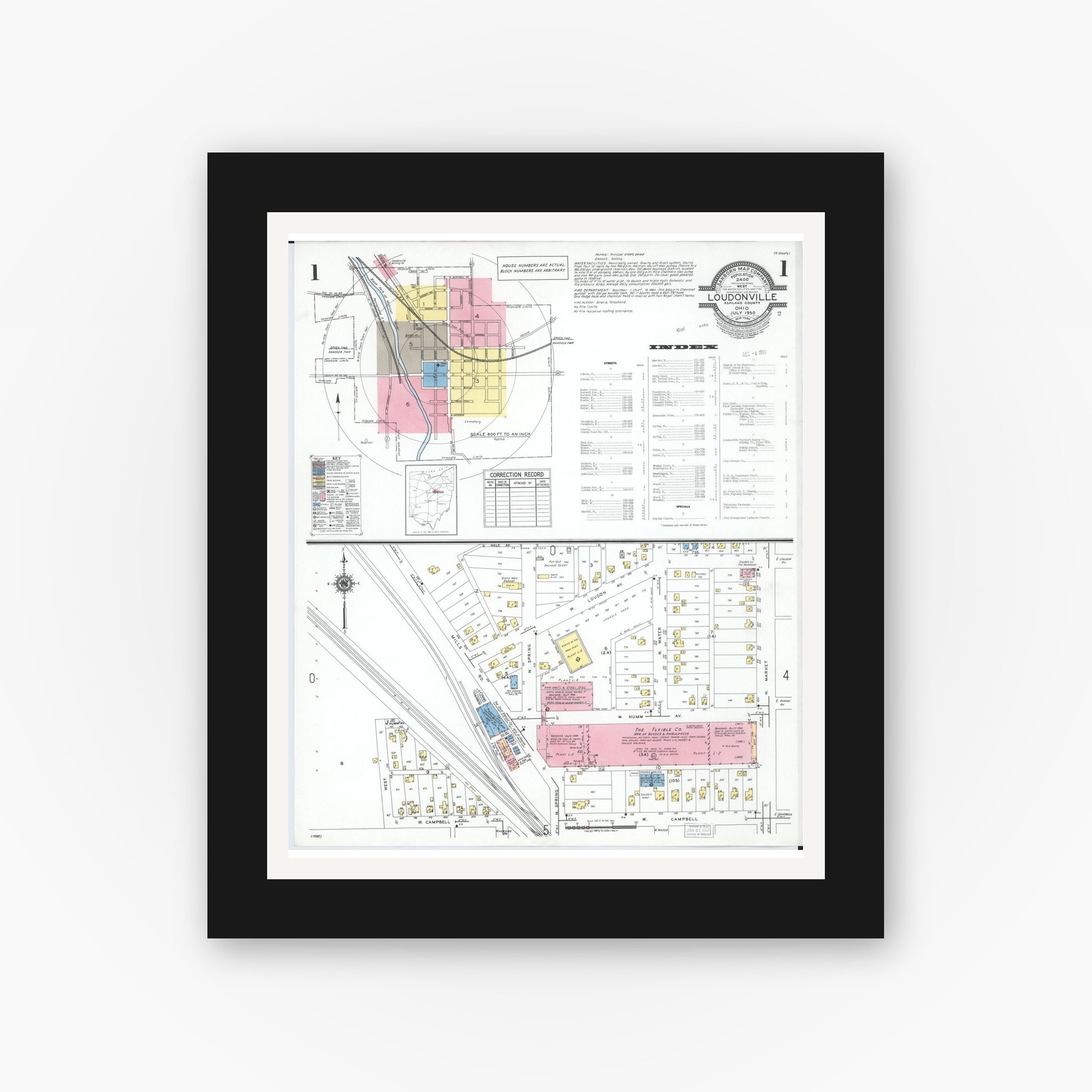 Old map wall art mockup — black gallery frame with white mat — Sanborn Fire Insurance Map from Loudonville, Ashland County, Ohio (1950), Sheet #0001