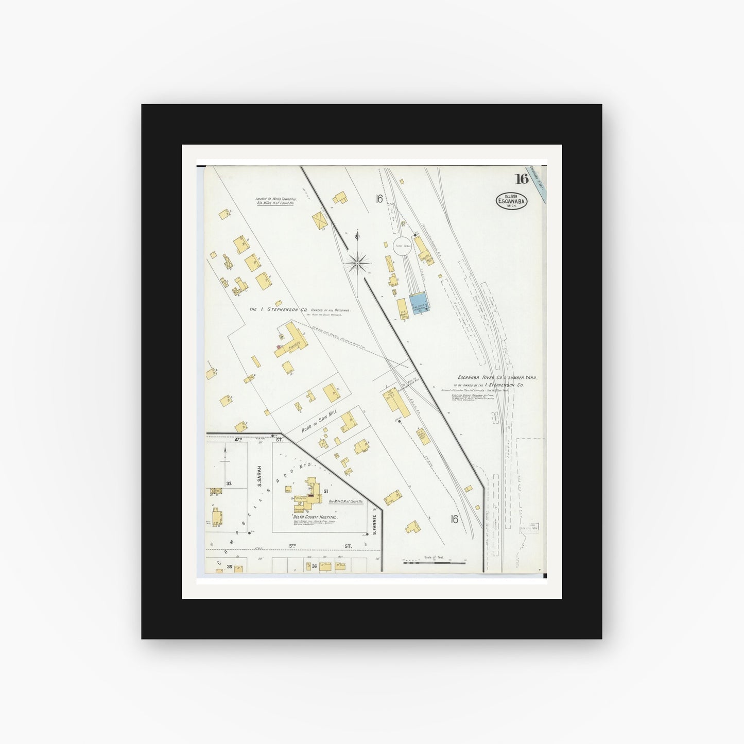 Old map wall art mockup — black gallery frame with white mat — Sanborn Fire Insurance Map from Escanaba, Delta County, Michigan (1899), Sheet #0016