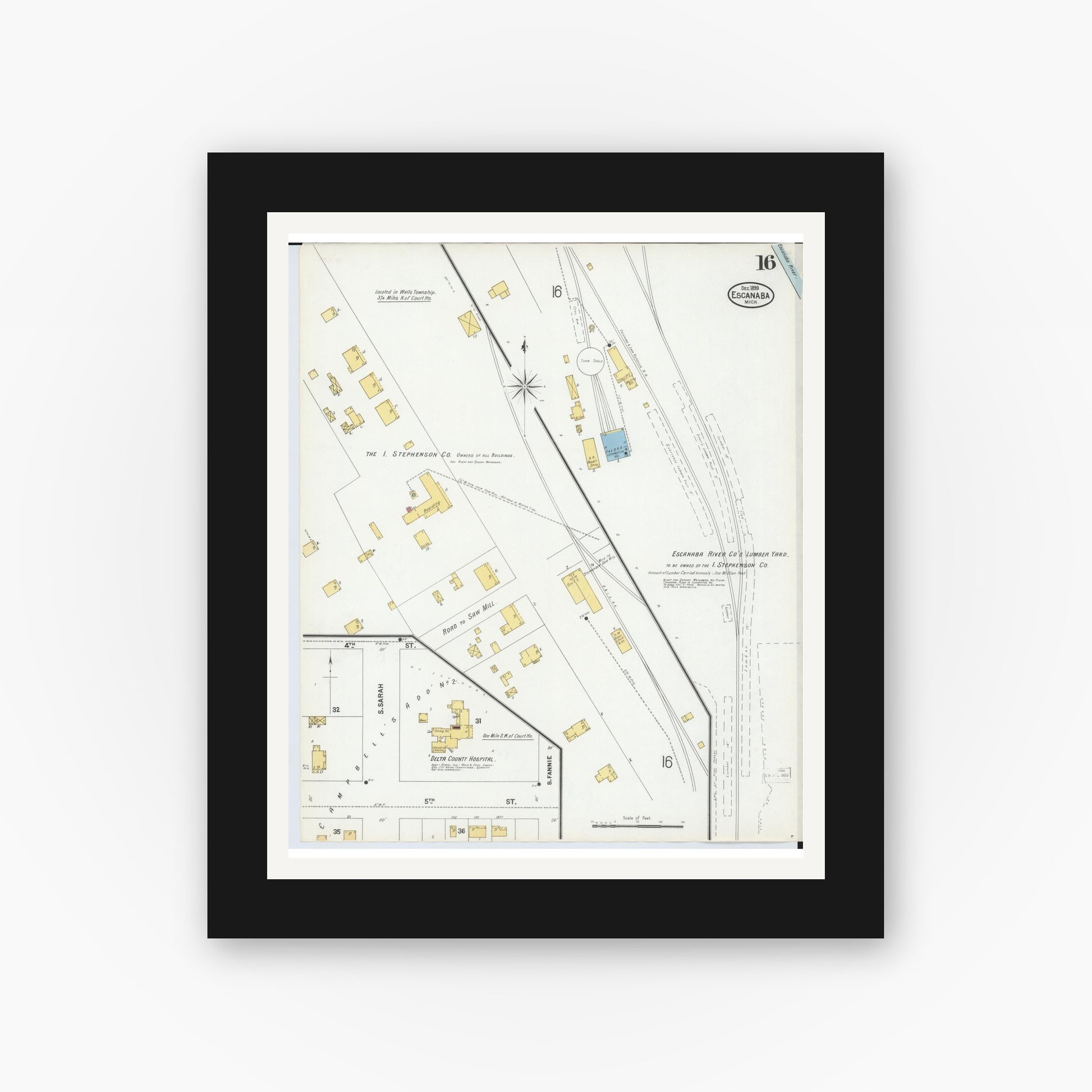 Old map wall art mockup — black gallery frame with white mat — Sanborn Fire Insurance Map from Escanaba, Delta County, Michigan (1899), Sheet #0016