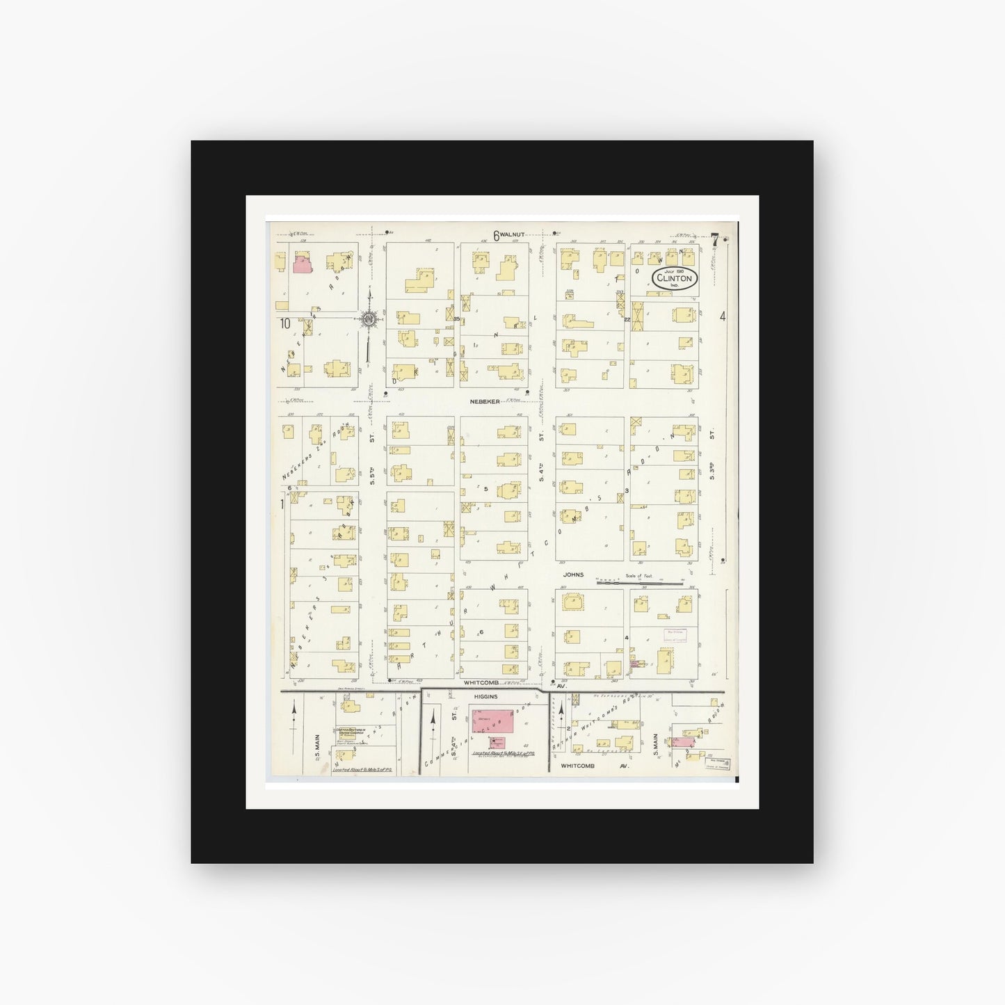 Old map wall art mockup — black gallery frame with white mat — Sanborn Fire Insurance Map from Clinton, Vermillion County, Indiana (1910), Sheet #0007