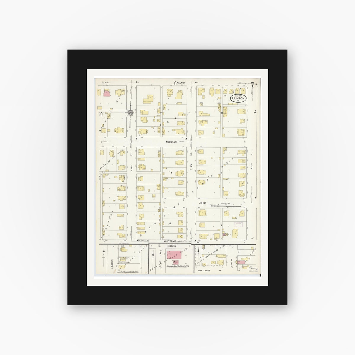 Old map wall art mockup — black gallery frame with white mat — Sanborn Fire Insurance Map from Clinton, Vermillion County, Indiana (1910), Sheet #0007