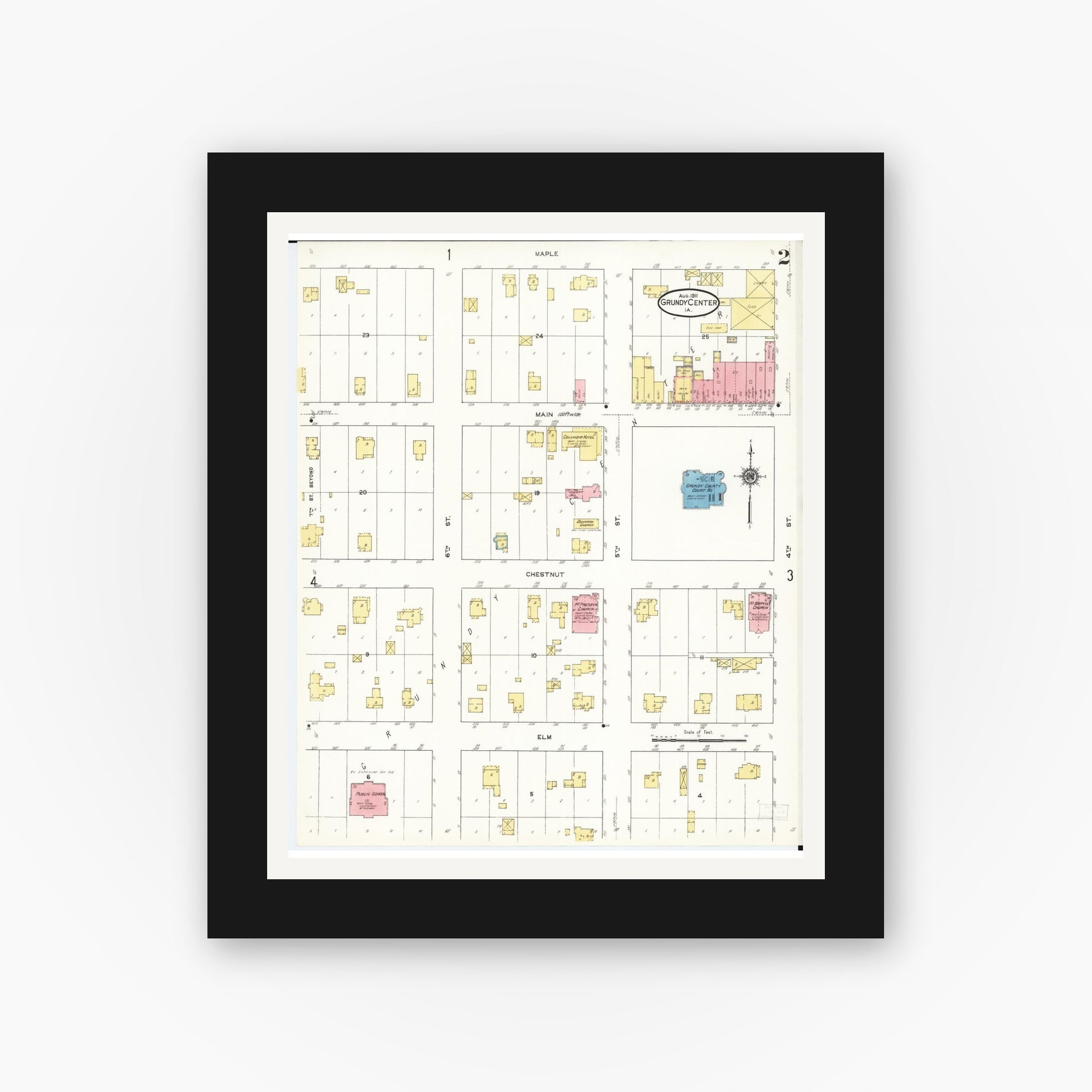 Old map wall art mockup — black gallery frame with white mat — Sanborn Fire Insurance Map from Grundy Center, Grundy County, Iowa (1911), Sheet #0002