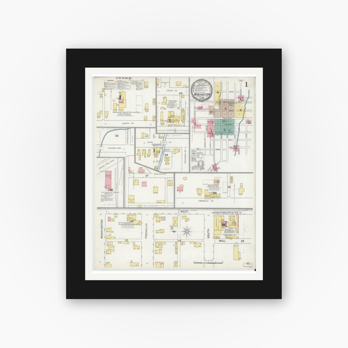 Old map wall art mockup — black gallery frame with white mat — Sanborn Fire Insurance Map from Winchester, Randolph County, Indiana (1892) - Complete Map Set