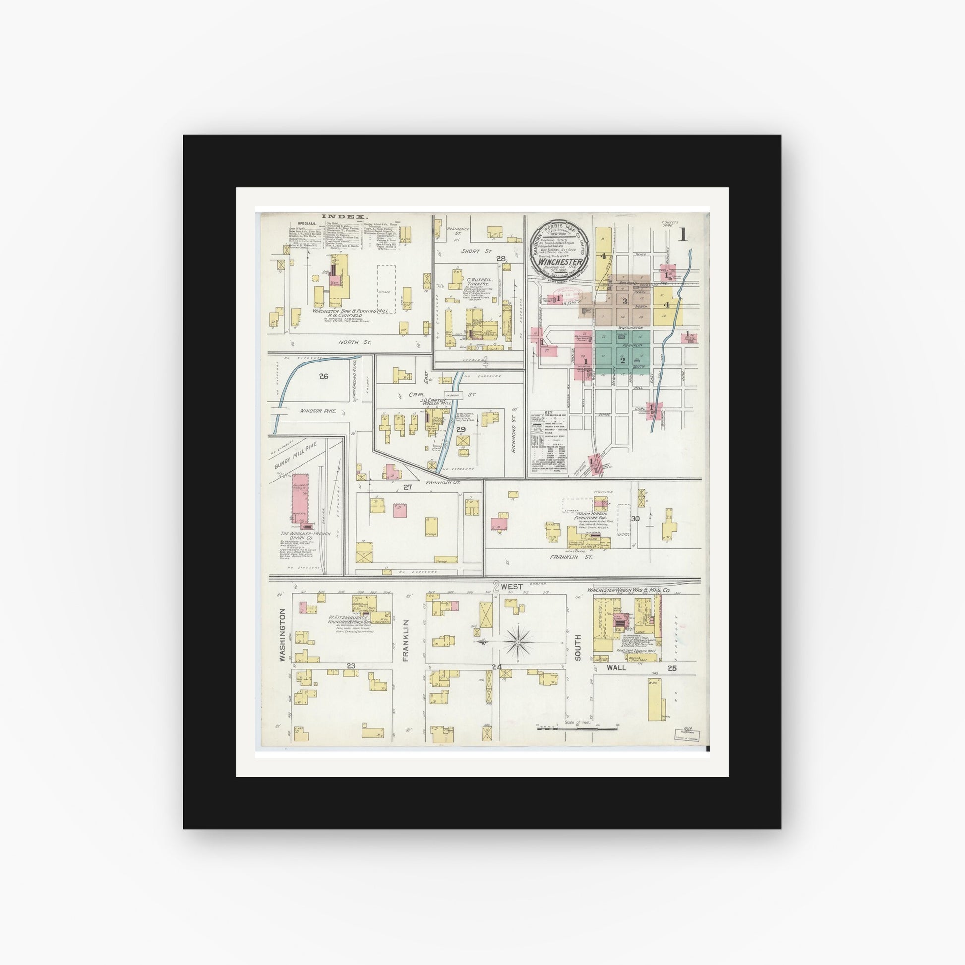 Old map wall art mockup — black gallery frame with white mat — Sanborn Fire Insurance Map from Winchester, Randolph County, Indiana (1892) - Complete Map Set