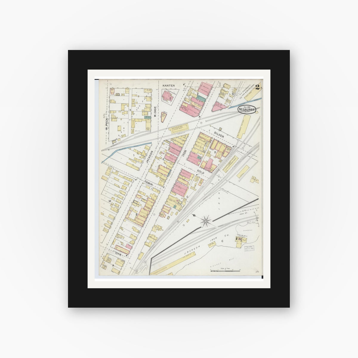 Old map wall art mockup — black gallery frame with white mat — Sanborn Fire Insurance Map from Negaunee, Marquette County, Michigan (1892), Sheet #0002