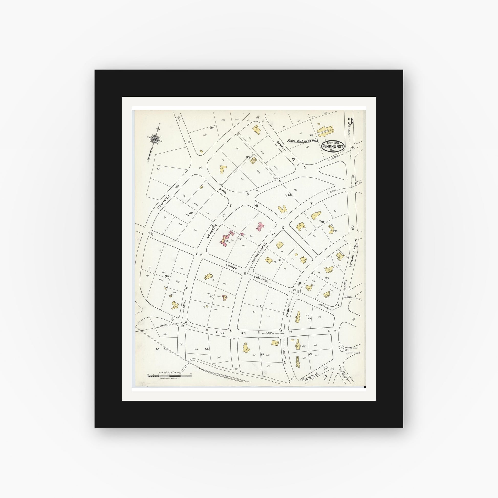 Old map wall art mockup — black gallery frame with white mat — Sanborn Fire Insurance Map from Pinehurst, Moore County, North Carolina (1920), Sheet #0003