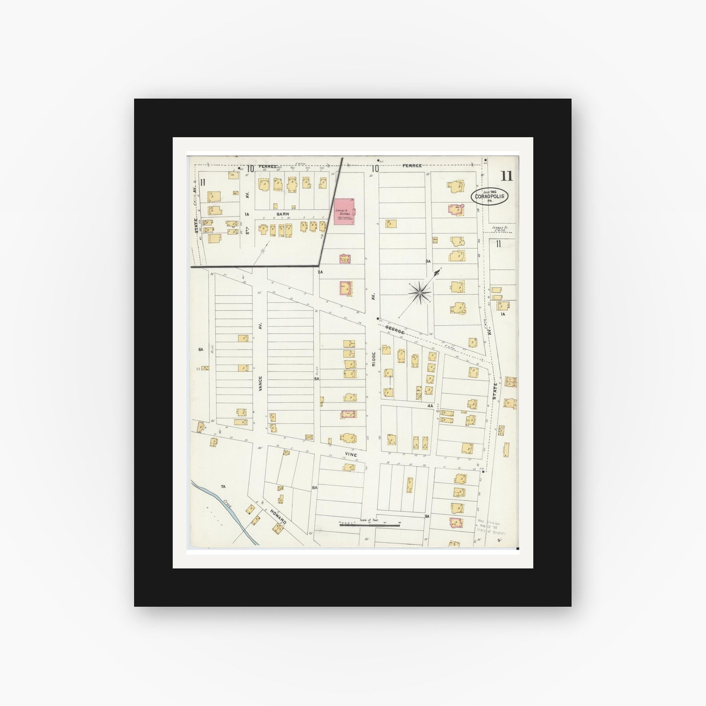 Old map wall art mockup — black gallery frame with white mat — Sanborn Fire Insurance Map from Coraopolis, Allegheny County, Pennsylvania (1906), Sheet #0011