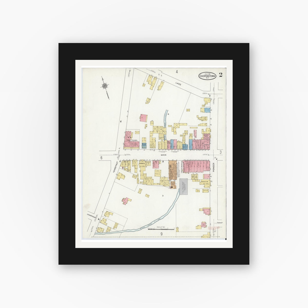 Old map wall art mockup — black gallery frame with white mat — Sanborn Fire Insurance Map from Cooperstown, Otsego County, New York (1915) - Complete Map Set