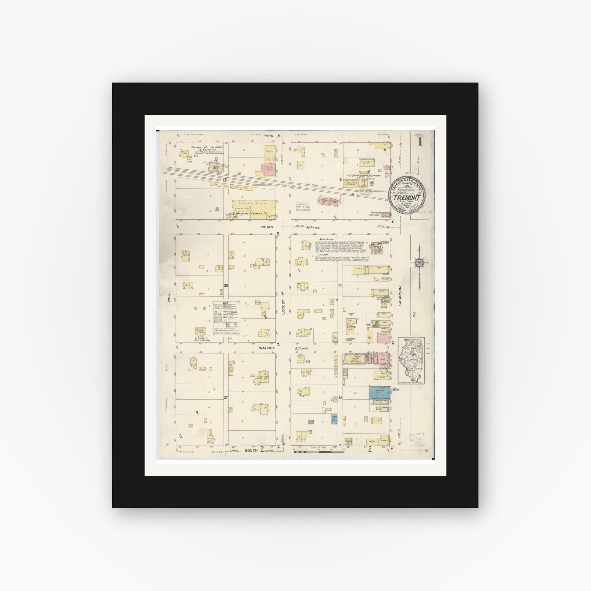 Old map wall art mockup — black gallery frame with white mat — Sanborn Fire Insurance Map from Tremont, Tazewell County, Illinois (1914), Sheet #0001