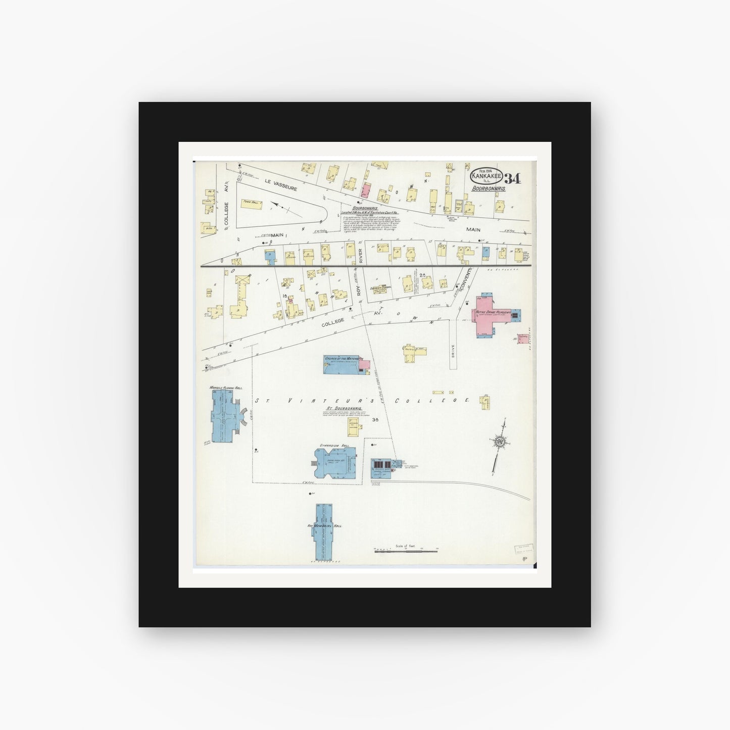 Old map wall art mockup — black gallery frame with white mat — Sanborn Fire Insurance Map from Kankakee, Kankakee County, Illinois (1914), Sheet #0034