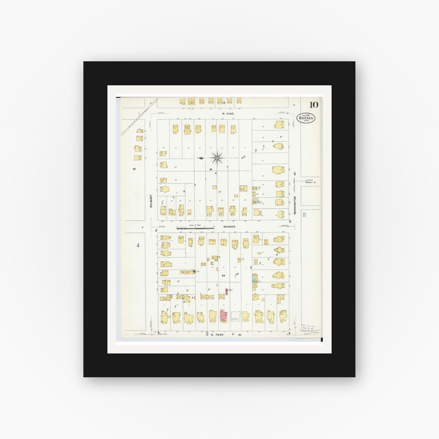 Old map wall art mockup — black gallery frame with white mat — Sanborn Fire Insurance Map from Warren, Trumbull County, Ohio (1908), Sheet #0010