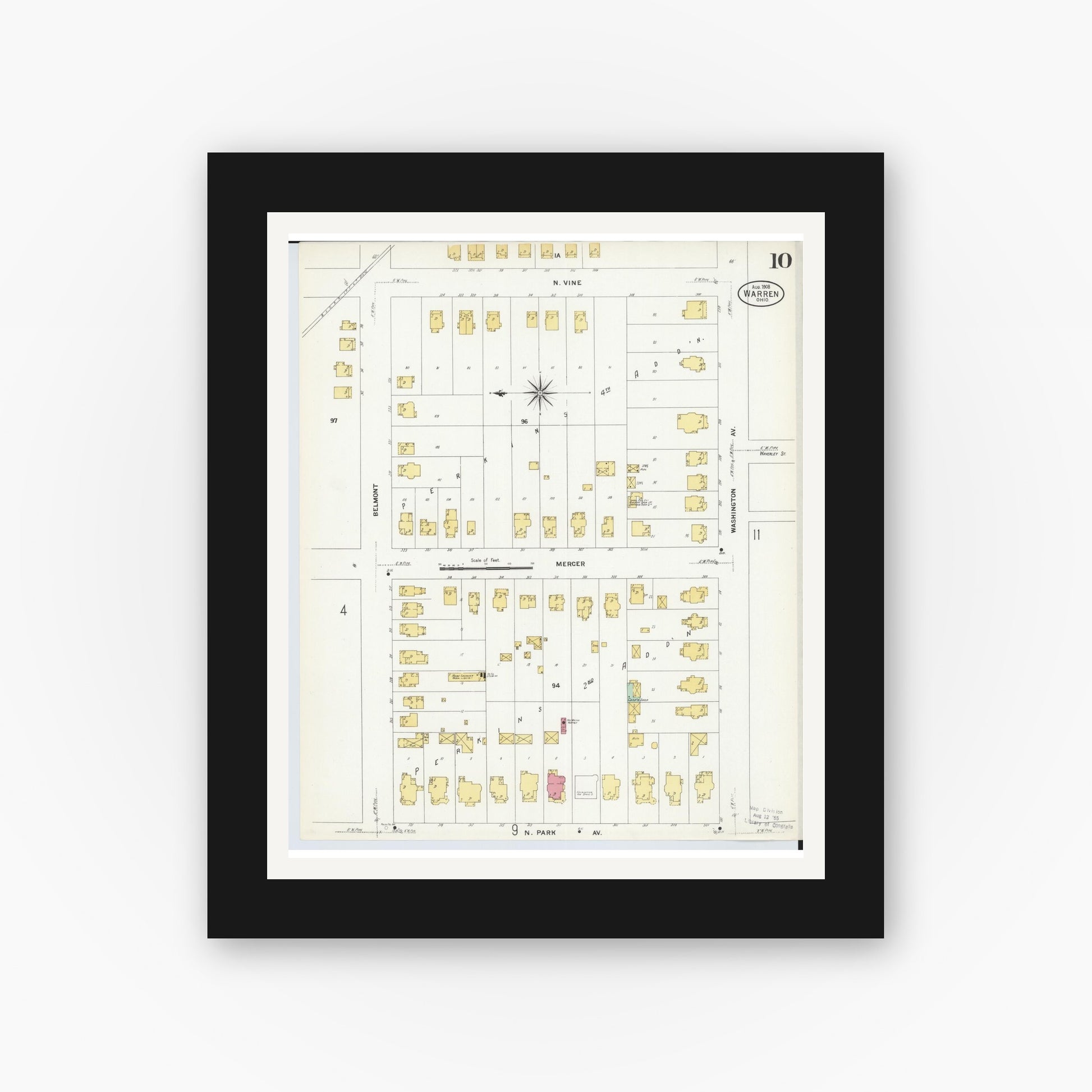 Old map wall art mockup — black gallery frame with white mat — Sanborn Fire Insurance Map from Warren, Trumbull County, Ohio (1908), Sheet #0010
