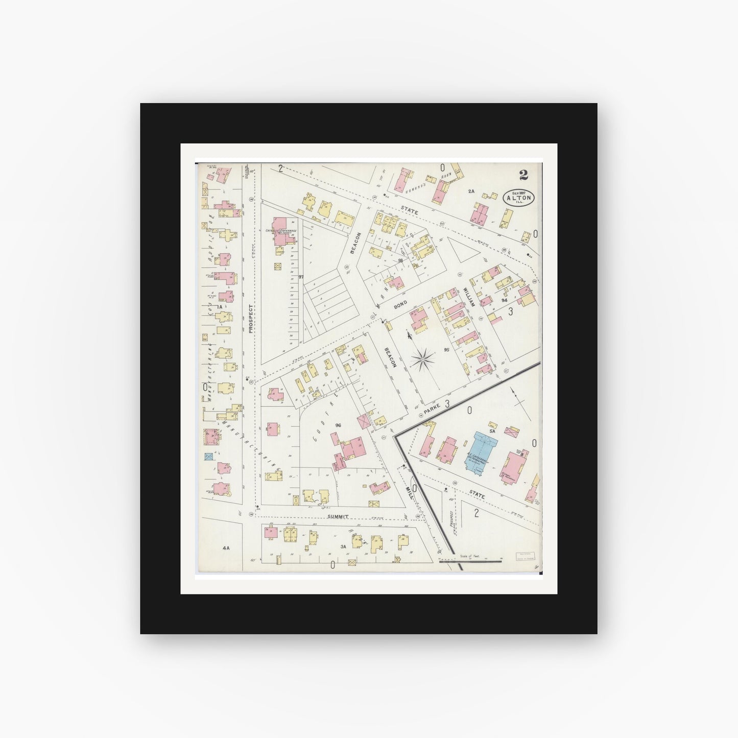 Old map wall art mockup — black gallery frame with white mat — Sanborn Fire Insurance Map from Alton, Madison County, Illinois (1897), Sheet #0002