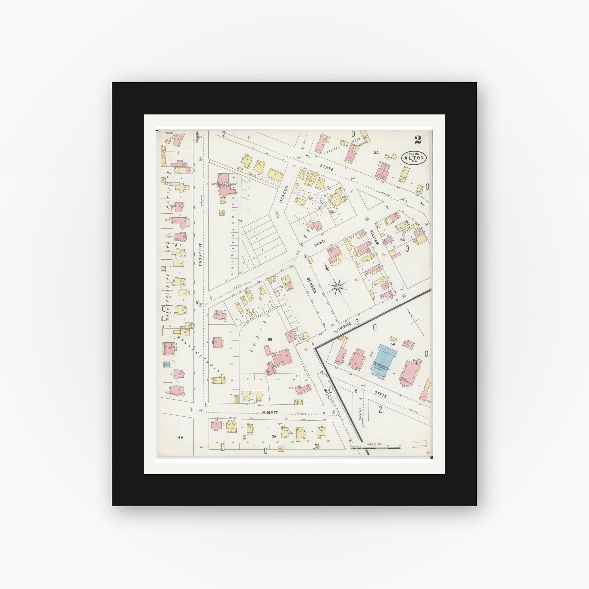 Old map wall art mockup — black gallery frame with white mat — Sanborn Fire Insurance Map from Alton, Madison County, Illinois (1897), Sheet #0002