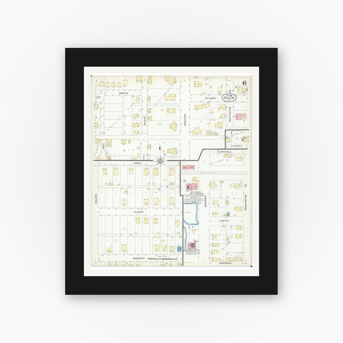 Old map wall art mockup — black gallery frame with white mat — Sanborn Fire Insurance Map from Salem, Marion County, Illinois (1908), Sheet #0006