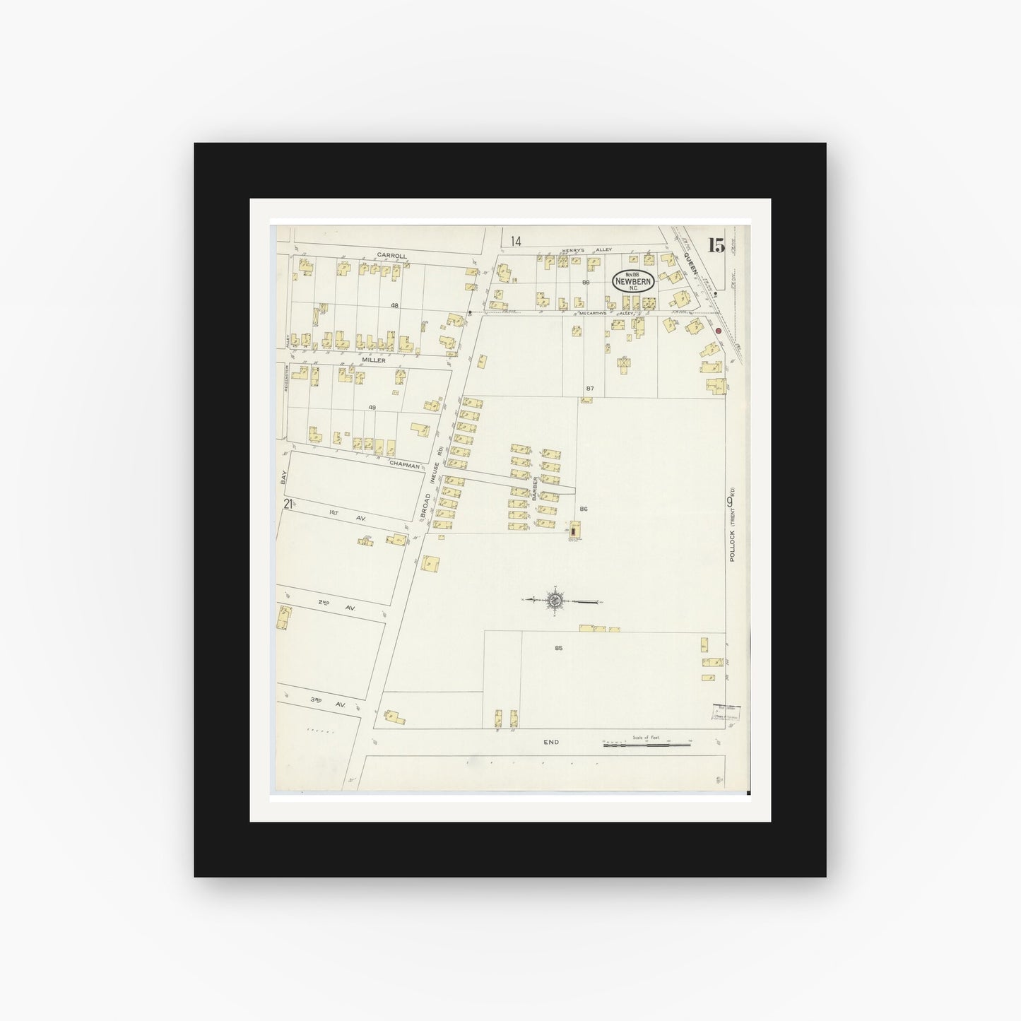 Old map wall art mockup — black gallery frame with white mat — Sanborn Fire Insurance Map from New Bern, Craven County, North Carolina (1913), Sheet #0015
