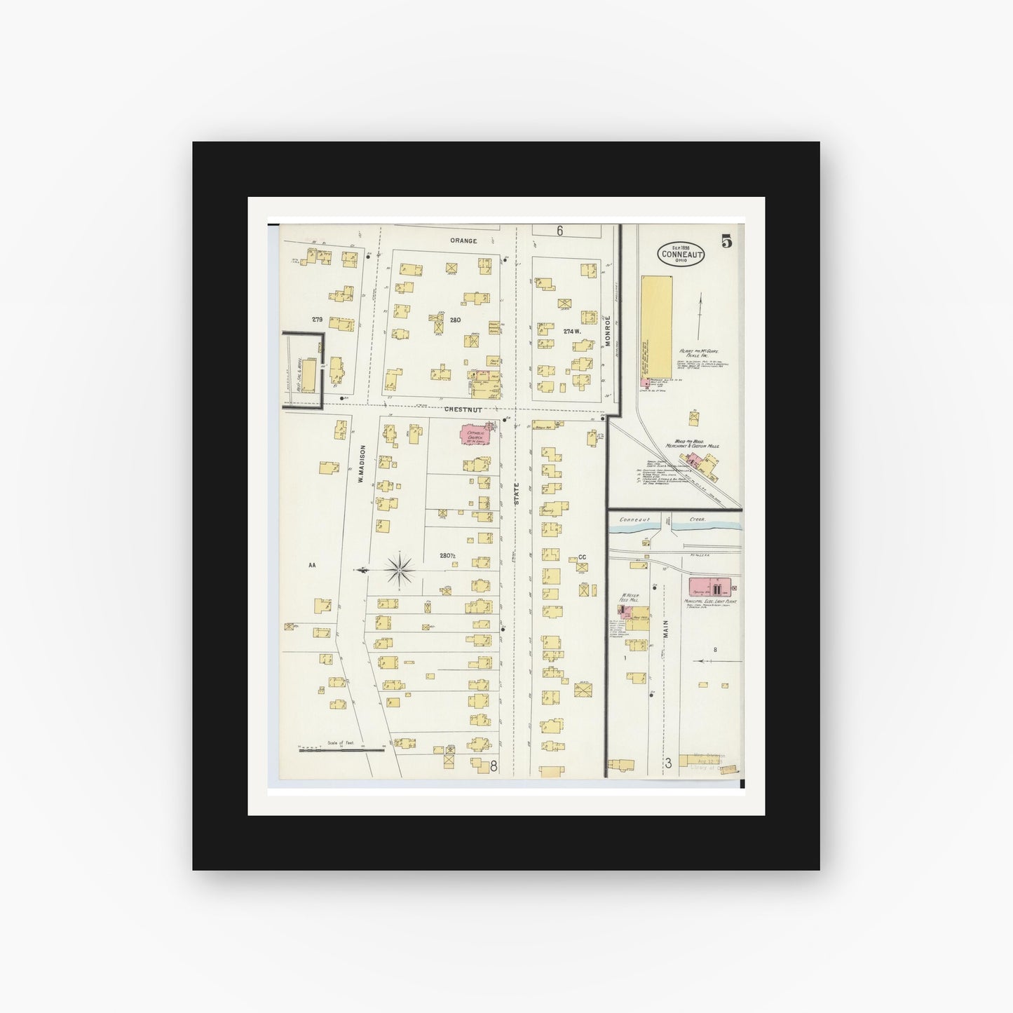 Old map wall art mockup — black gallery frame with white mat — Sanborn Fire Insurance Map from Conneaut, Ashtabula County, Ohio (1898), Sheet #0005