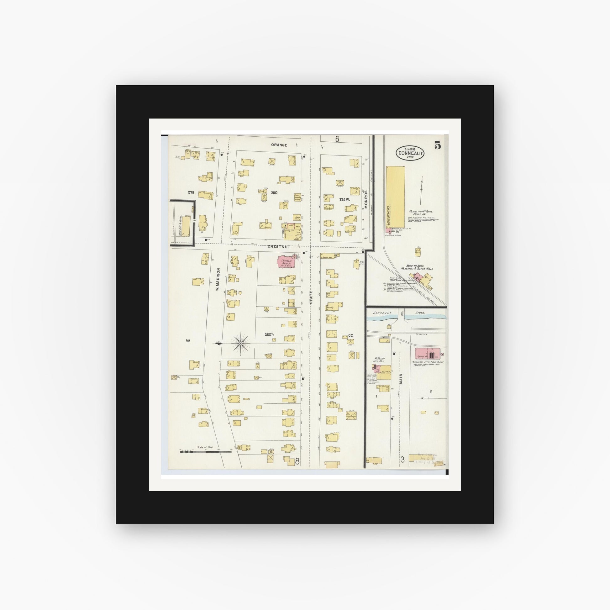 Old map wall art mockup — black gallery frame with white mat — Sanborn Fire Insurance Map from Conneaut, Ashtabula County, Ohio (1898), Sheet #0005