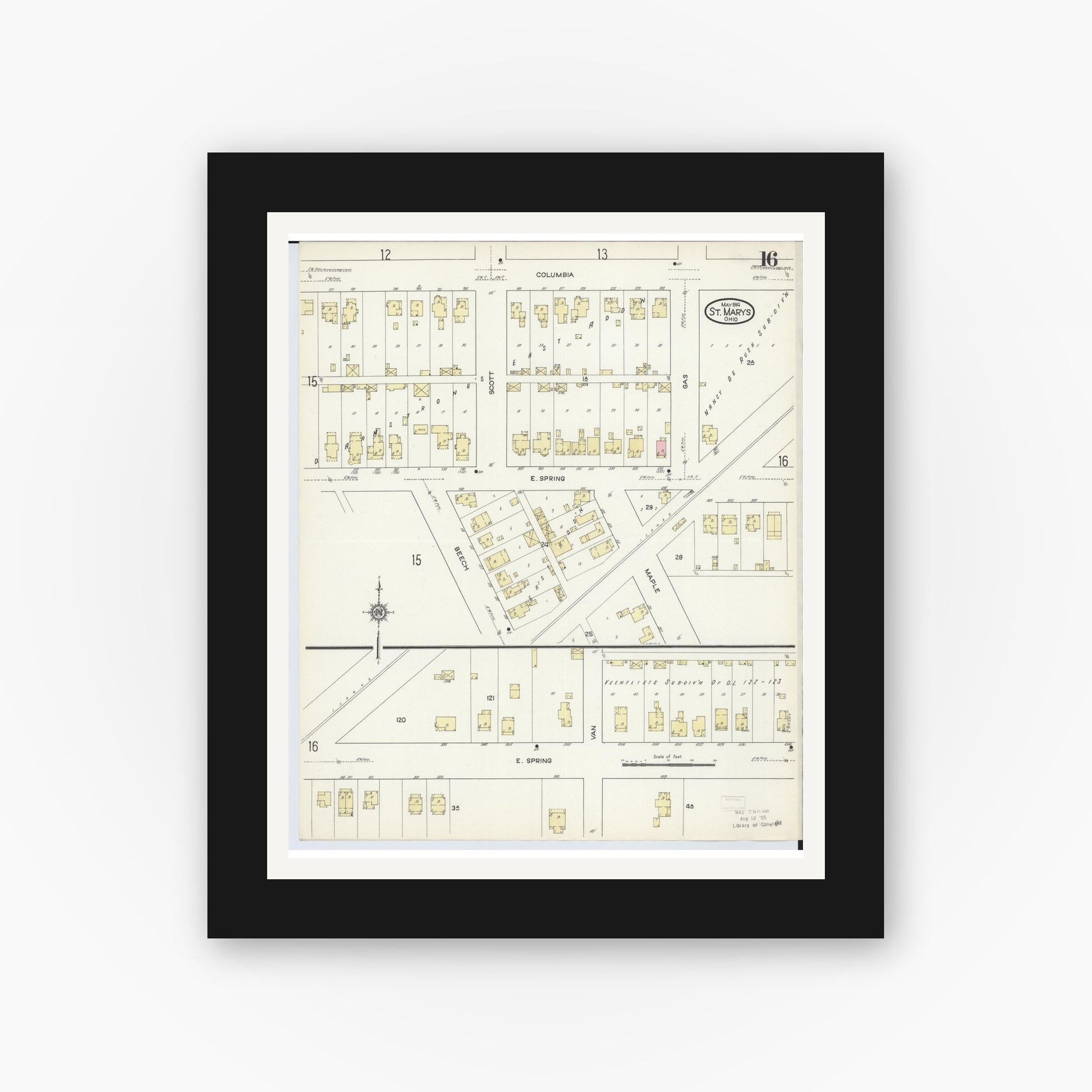 Old map wall art mockup — black gallery frame with white mat — Sanborn Fire Insurance Map from Saint Marys, Auglaize County, Ohio (1914), Sheet #0016