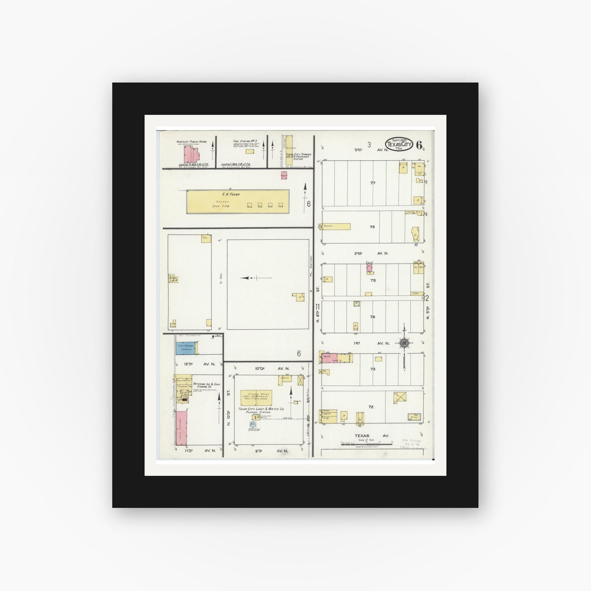 Old map wall art mockup — black gallery frame with white mat — Sanborn Fire Insurance Map from Texas City, Galveston County, Texas (1920), Sheet #0006