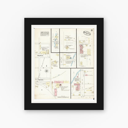 Old map wall art mockup — black gallery frame with white mat — Sanborn Fire Insurance Map from Marshalltown, Marshall County, Iowa (1884), Sheet #0008