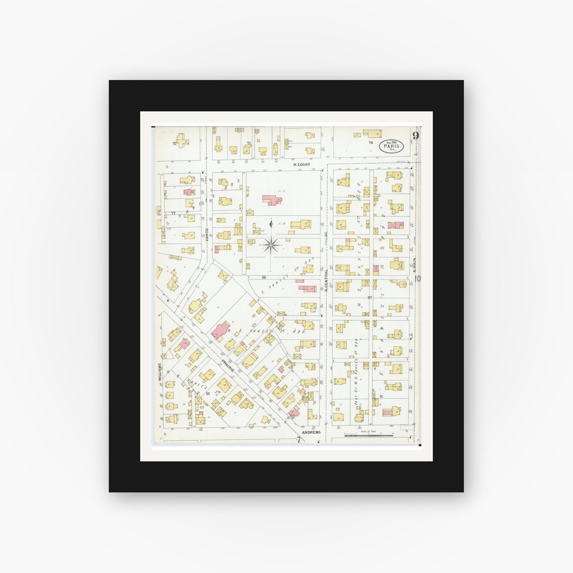 Old map wall art mockup — black gallery frame with white mat — Sanborn Fire Insurance Map from Paris, Edgar County, Illinois (1900), Sheet #0009
