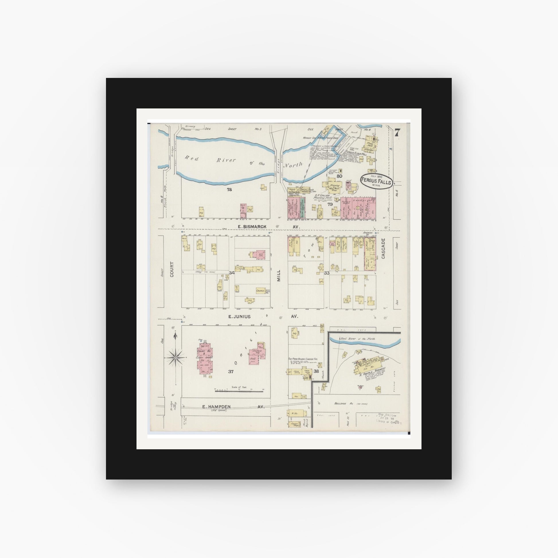 Old map wall art mockup — black gallery frame with white mat — Sanborn Fire Insurance Map from Fergus Falls, Otter Tail County, Minnesota (1890), Sheet #0007