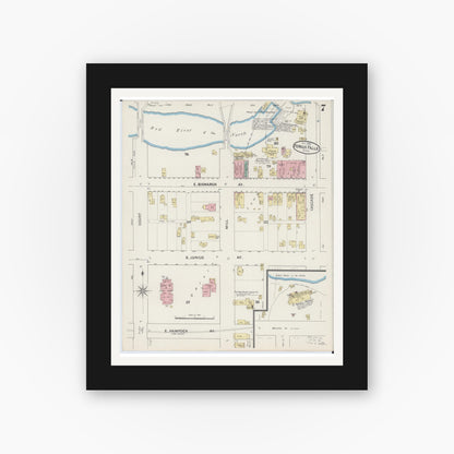 Old map wall art mockup — black gallery frame with white mat — Sanborn Fire Insurance Map from Fergus Falls, Otter Tail County, Minnesota (1890), Sheet #0007