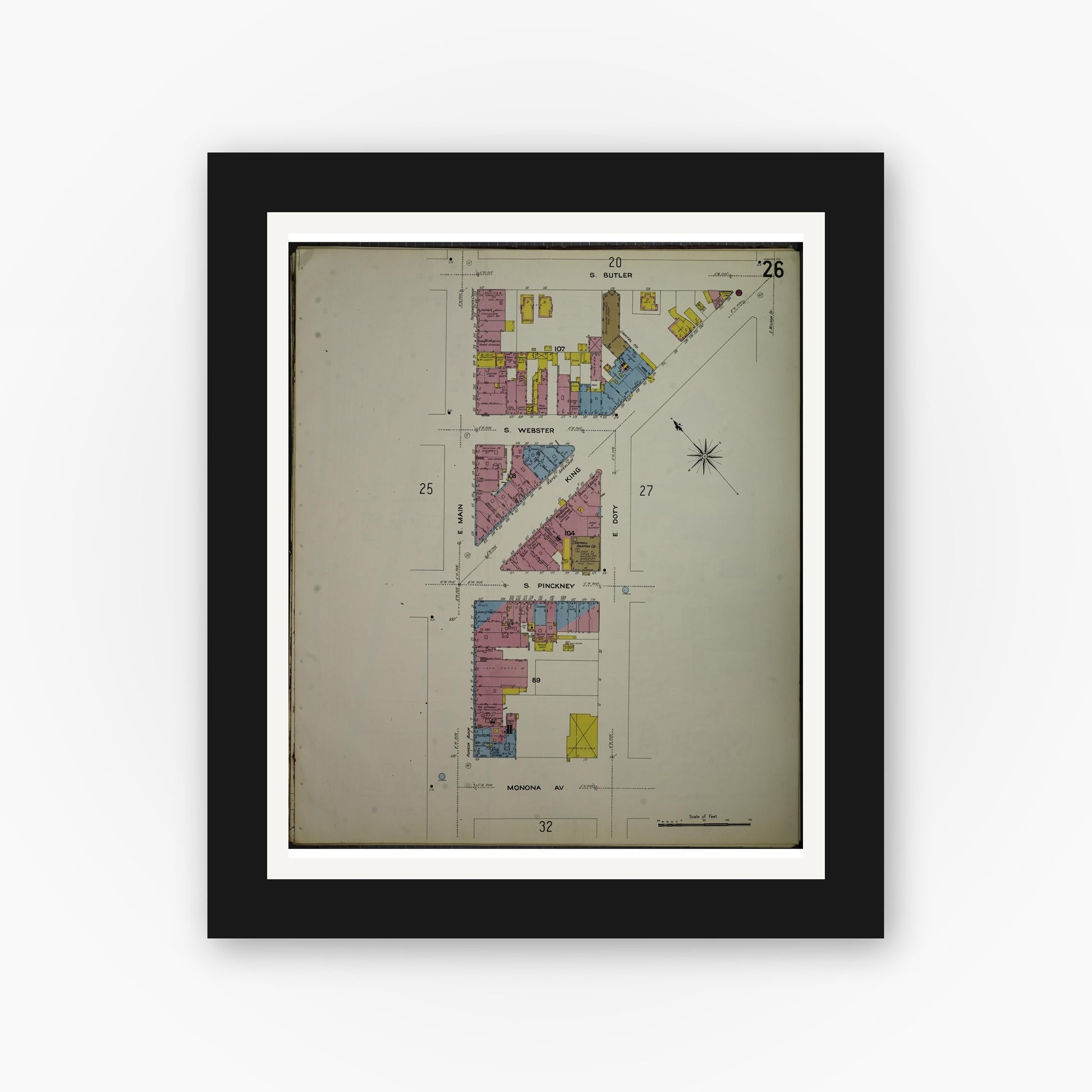 Old map wall art mockup — black gallery frame with white mat — Sanborn Fire Insurance Map from Madison, Dane County, Wisconsin (1908), Sheet #0026