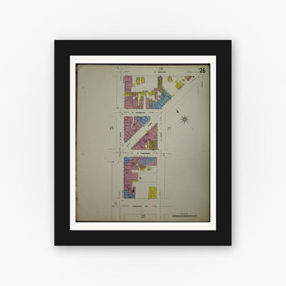 Old map wall art mockup — black gallery frame with white mat — Sanborn Fire Insurance Map from Madison, Dane County, Wisconsin (1908), Sheet #0026