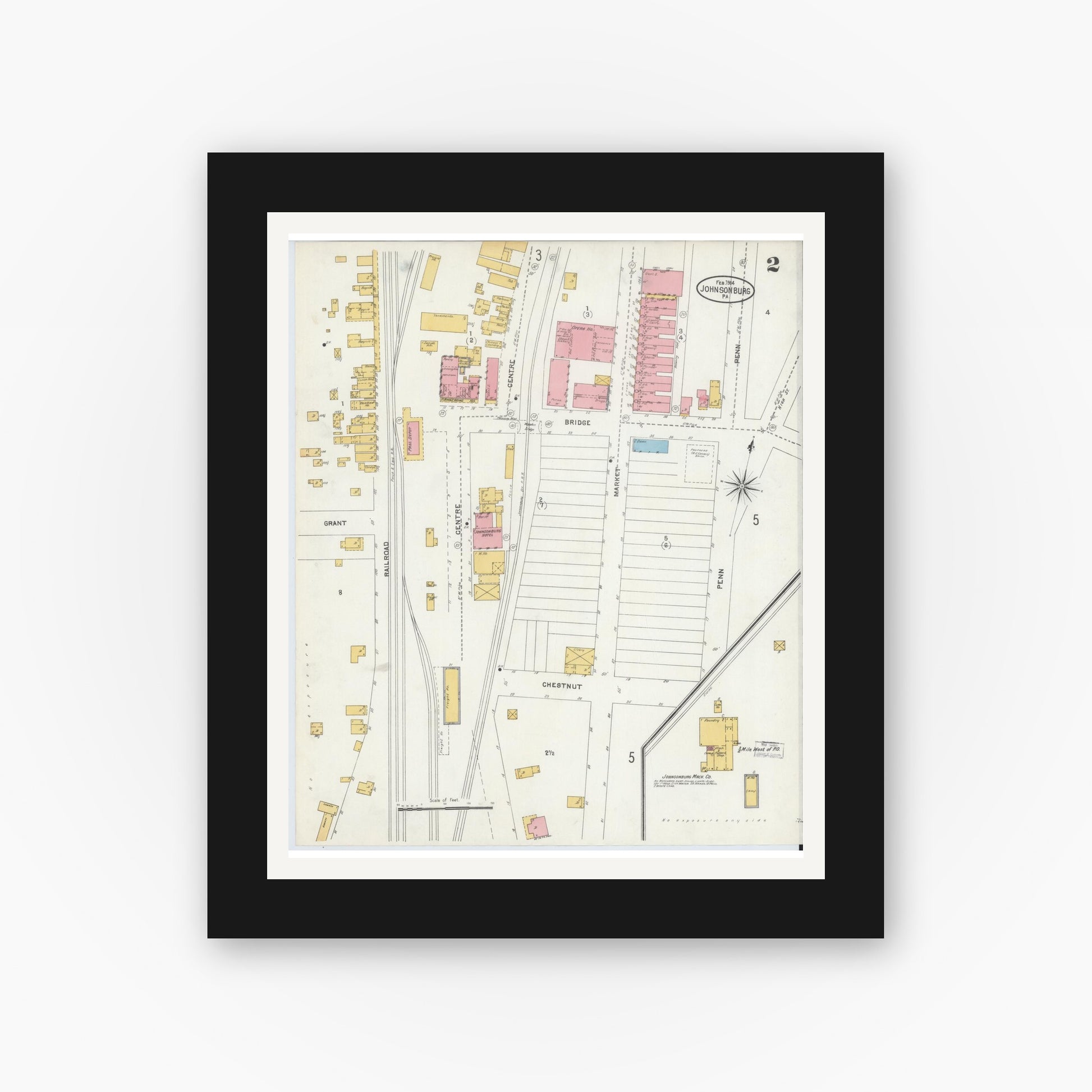 Old map wall art mockup — black gallery frame with white mat — Sanborn Fire Insurance Map from Johnsonburg, Elk County, Pennsylvania (1904), Sheet #0002