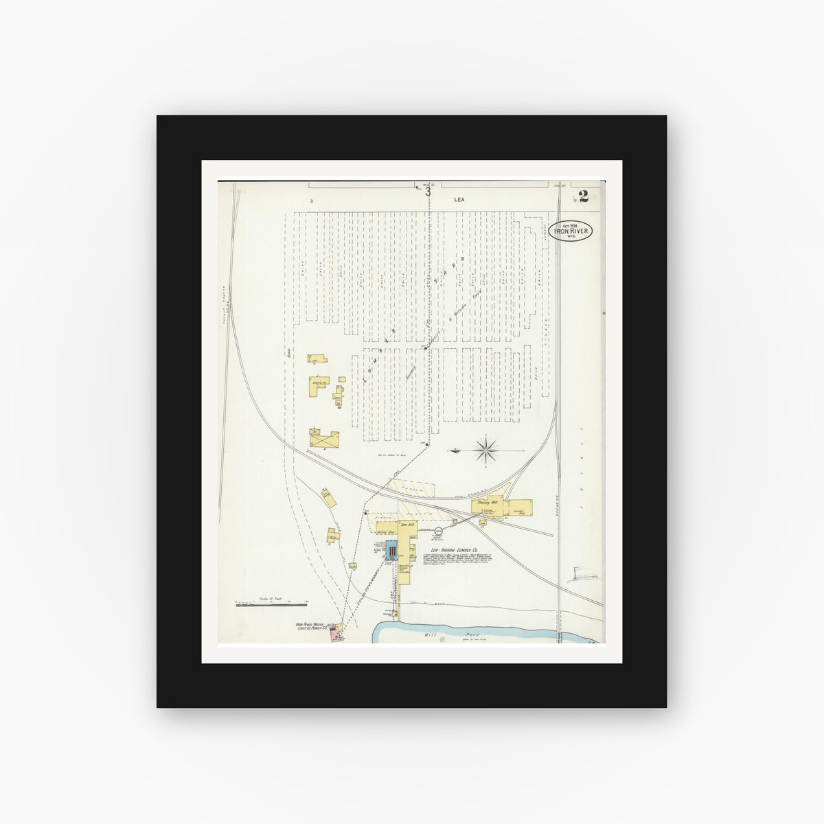 Old map wall art mockup — black gallery frame with white mat — Sanborn Fire Insurance Map from Iron River, Bayfield County, Wisconsin (1898), Sheet #0002