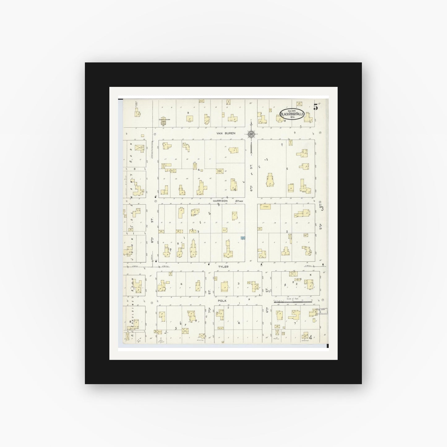 Old map wall art mockup — black gallery frame with white mat — Sanborn Fire Insurance Map from Black River Falls, Jackson County, Wisconsin (1914), Sheet #0005