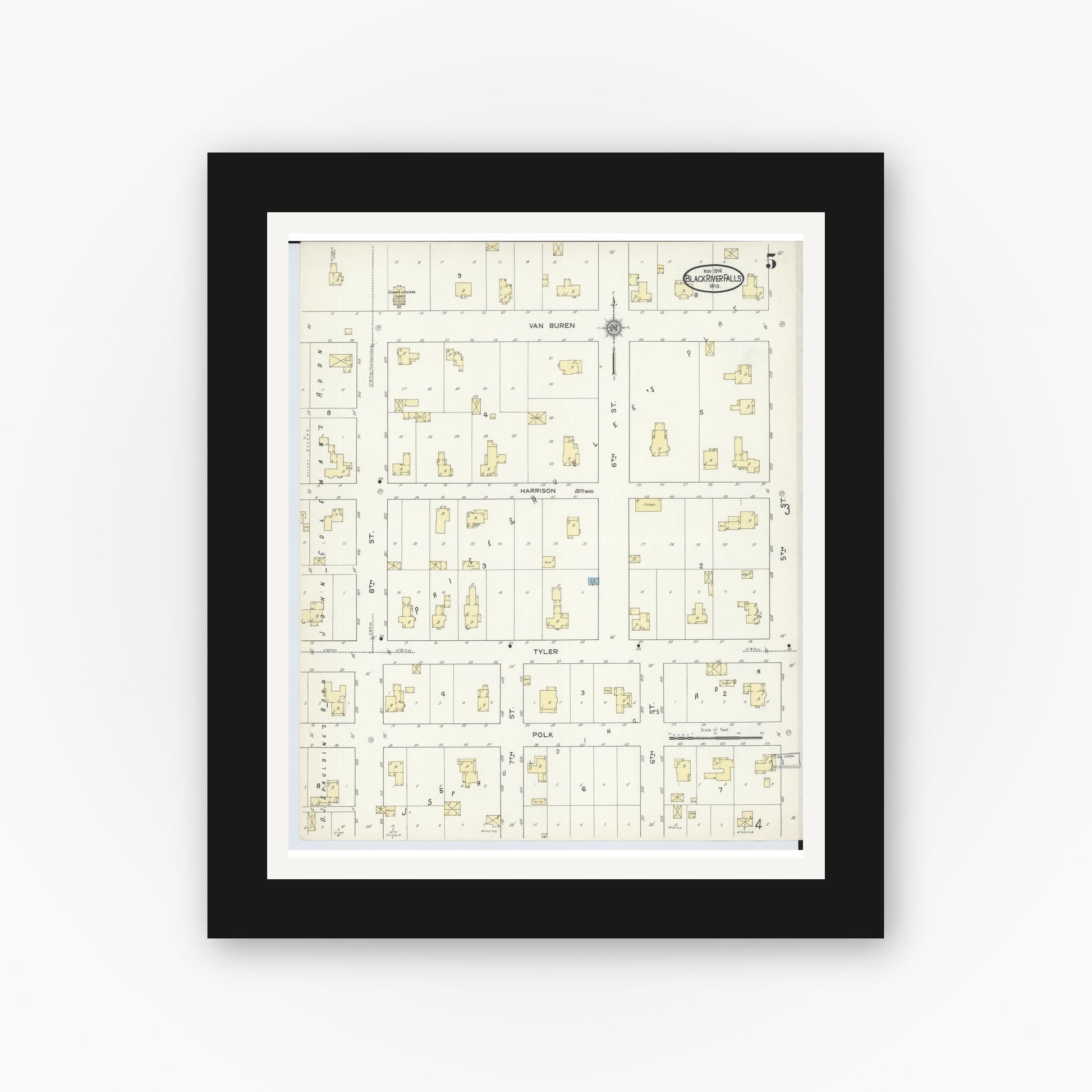 Old map wall art mockup — black gallery frame with white mat — Sanborn Fire Insurance Map from Black River Falls, Jackson County, Wisconsin (1914), Sheet #0005
