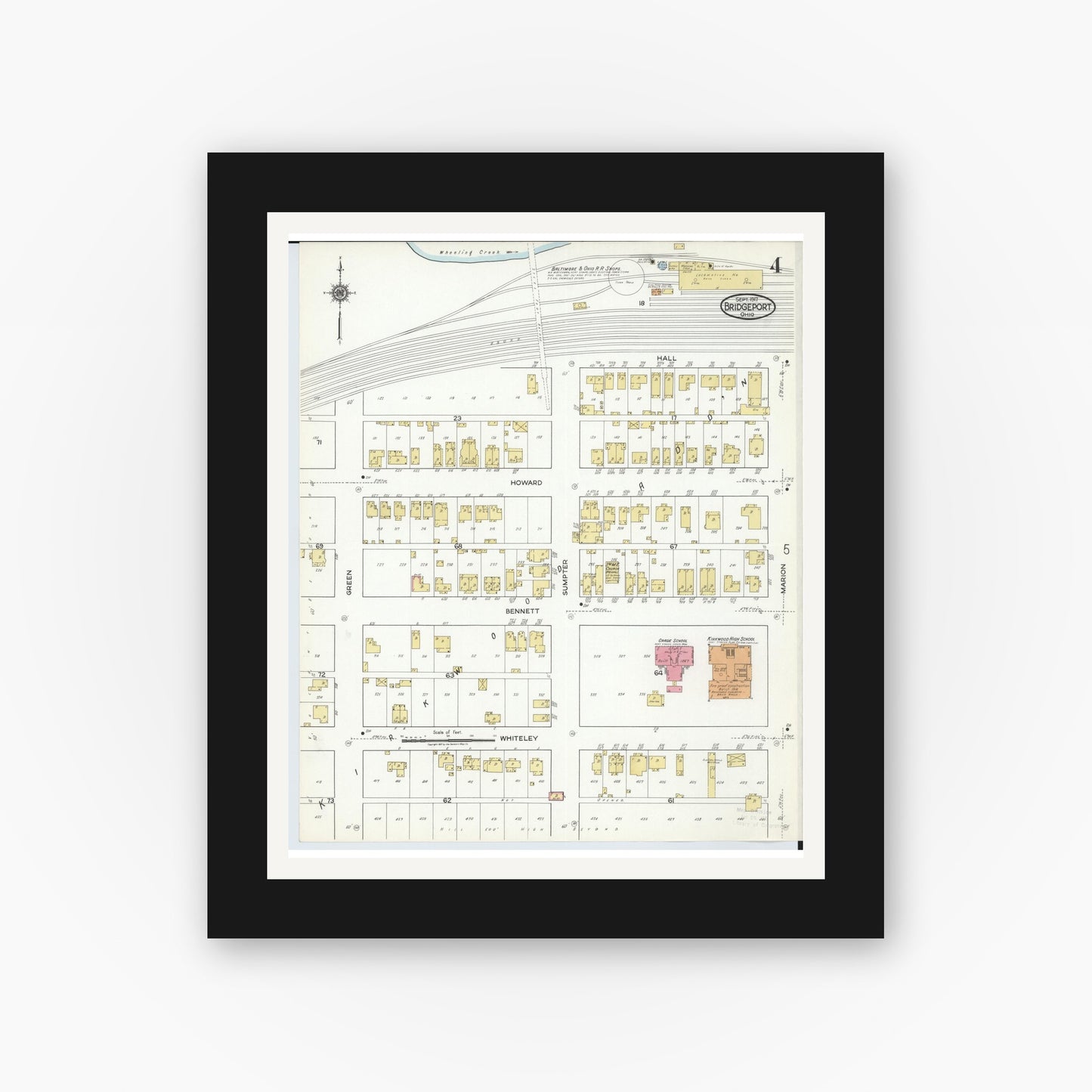 Old map wall art mockup — black gallery frame with white mat — Sanborn Fire Insurance Map from Bridgeport, Belmont County, Ohio (1917), Sheet #0004