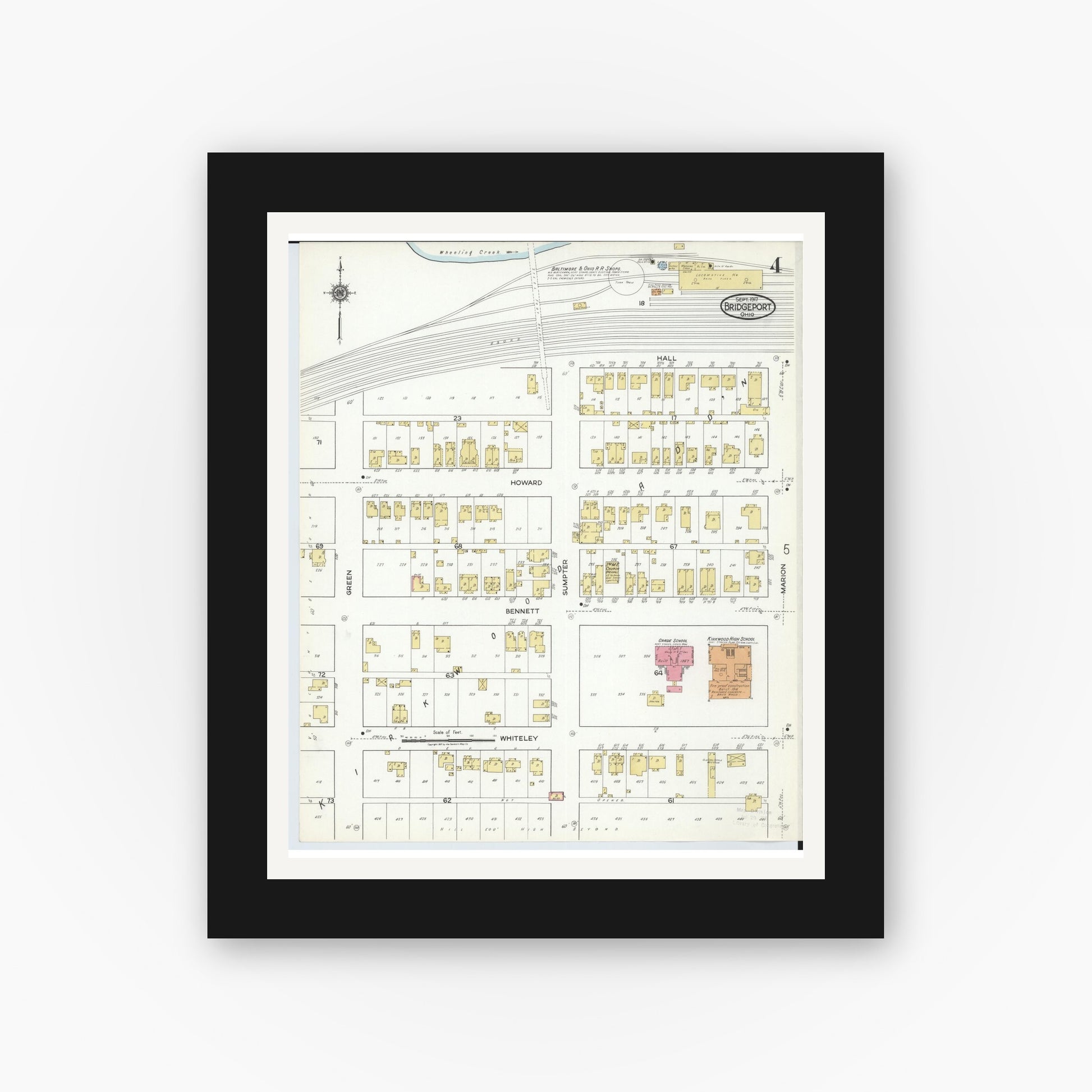 Old map wall art mockup — black gallery frame with white mat — Sanborn Fire Insurance Map from Bridgeport, Belmont County, Ohio (1917), Sheet #0004