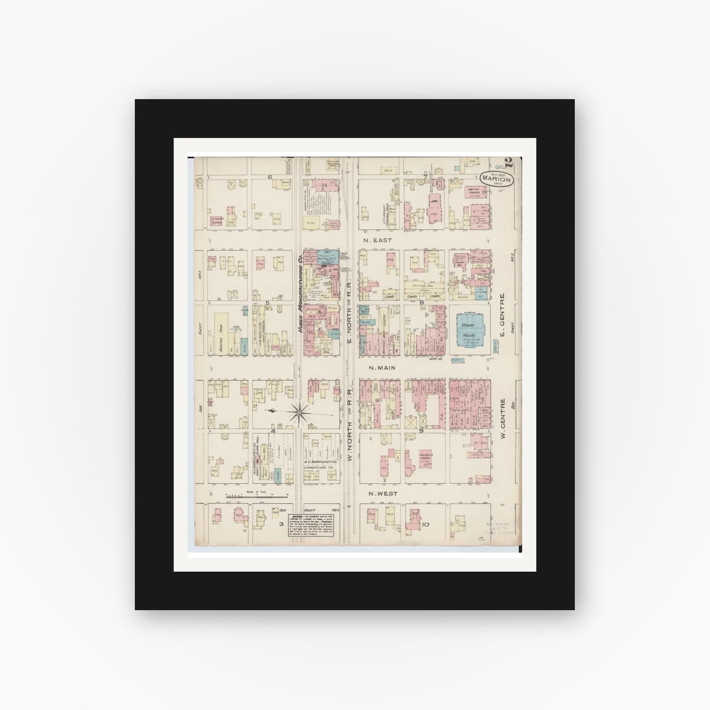 Old map wall art mockup — black gallery frame with white mat — Sanborn Fire Insurance Map from Marion, Marion County, Ohio (1884), Sheet #0002
