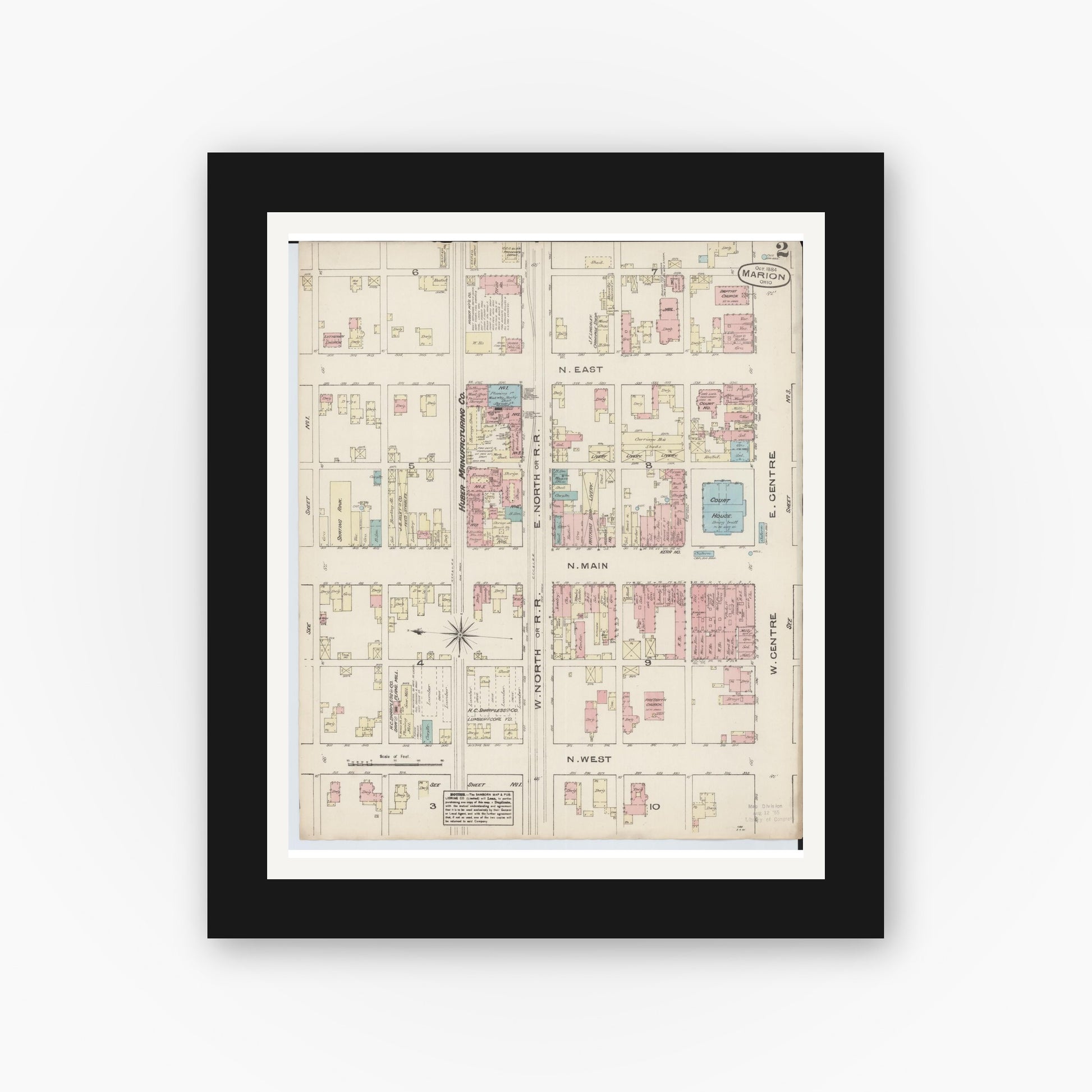 Old map wall art mockup — black gallery frame with white mat — Sanborn Fire Insurance Map from Marion, Marion County, Ohio (1884), Sheet #0002