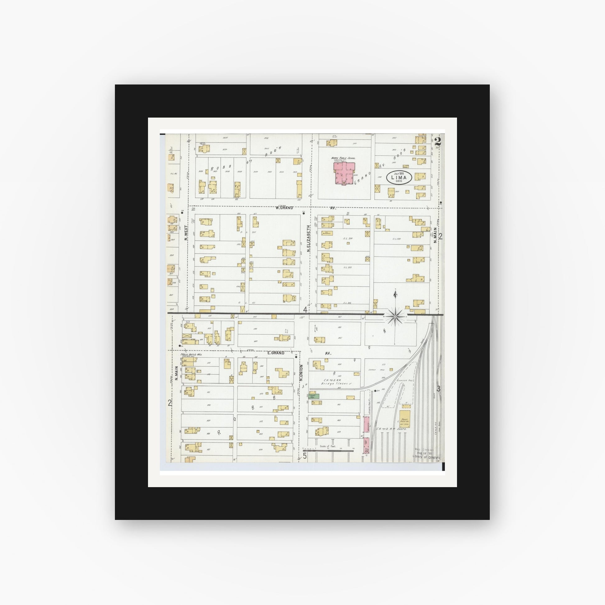 Old map wall art mockup — black gallery frame with white mat — Sanborn Fire Insurance Map from Lima, Allen County, Ohio (1899), Sheet #0002
