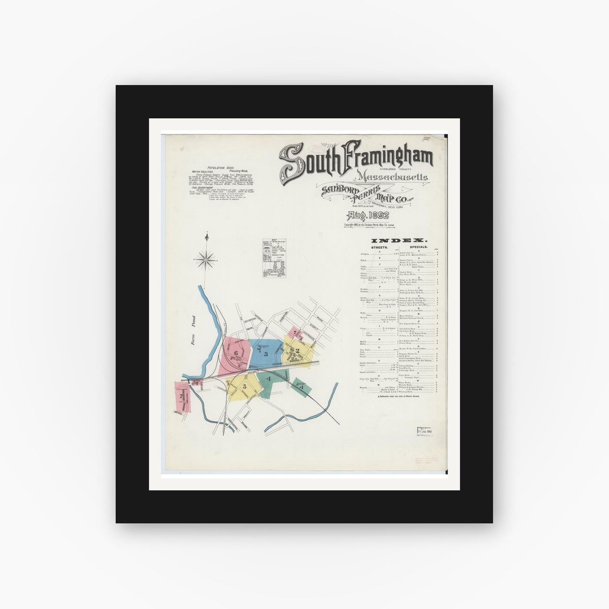 Old map wall art mockup — black gallery frame with white mat — Sanborn Fire Insurance Map from South Farmington, Middlesex County, Massachusetts (1892), Sheet #0001