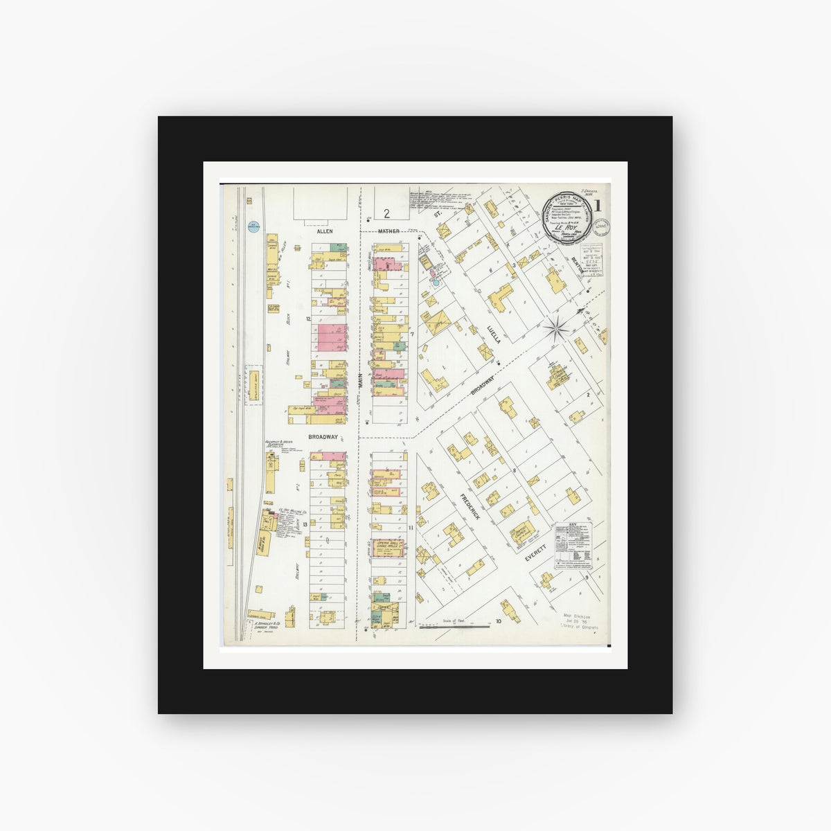 Old map wall art mockup — black gallery frame with white mat — Sanborn Fire Insurance Map from Le Roy, Mower County, Minnesota (1900), Sheet #0001