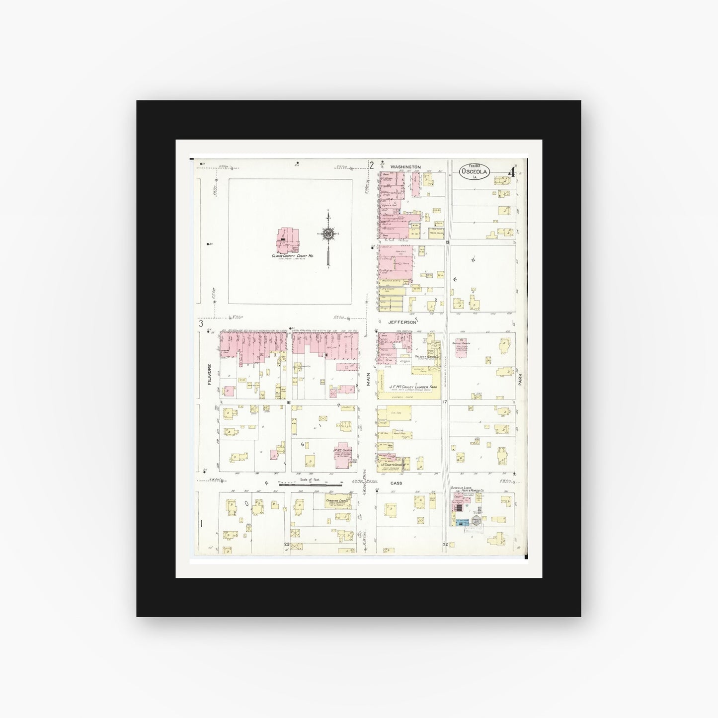 Old map wall art mockup — black gallery frame with white mat — Sanborn Fire Insurance Map from Osceola, Clarke County, Iowa (1913), Sheet #0004